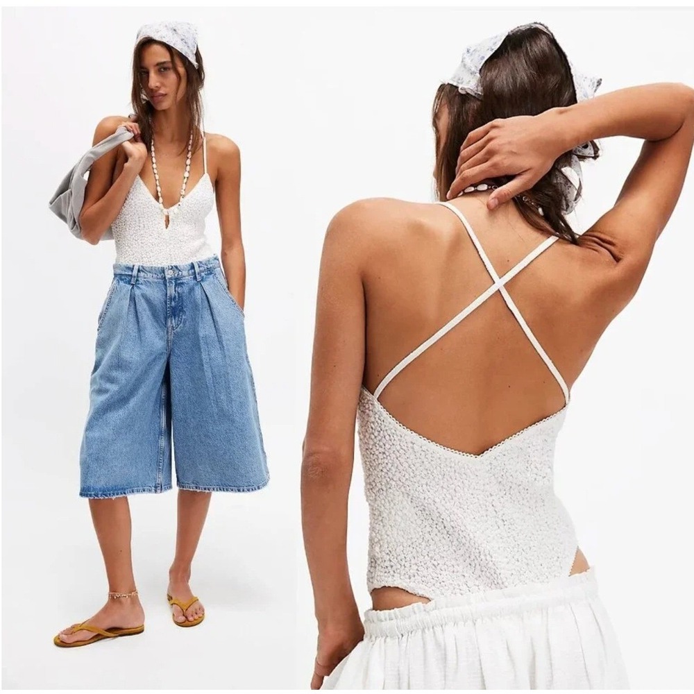 Free People Seaside Rose White Textured Bodysuit Size XL NEW Retail $198